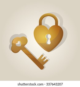 Vector abstract illustration of key and heart-shaped padlock on gray background