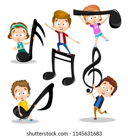 Vector abstract illustration of kids playing with music melodies