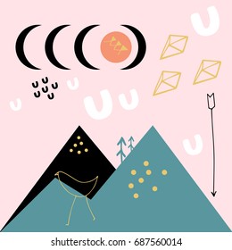 Vector abstract illustration. Landscape and bird. Poster, print. 