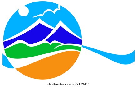 Vector abstract illustration landscape with sky, mountains, green end sand