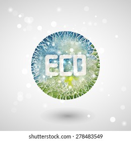 Vector abstract illustration lettering ECO made of blue and light green water color on background with glowing elements