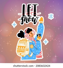 Ilustración vectorial abstracta con letras Palabras de Let it Snow, saludo a la joven Mujer ondeando su mano, cayendo copos de nieve. Fondo Galáctico, cielo rosado. Concepto de invierno, Navidad, temporada, Año Nuevo.