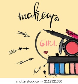 Vector abstract illustration. Lettering: makeup. fashion illustration Beauty salon
