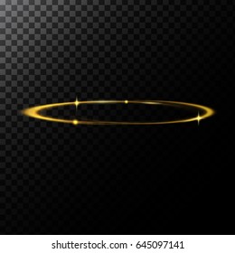 Vector abstract illustration of a light effect in the shape of a golden circle, a black translucent background with sparks and glowing trace in the shape of a ring