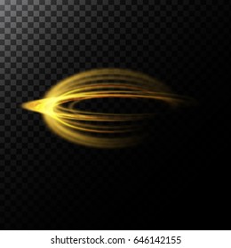 Vector abstract illustration of a light effect in the shape of a golden circles, a black translucent background with glowing traces in the form of rings