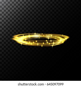 Vector abstract illustration of a light effects in the shape of a golden circles, a black translucent background with sparks and glowing traces in the shape of a rings
