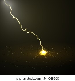 Vector abstract illustration. Lightning strikes on a dark background with a lot of sparks. The power of the elements