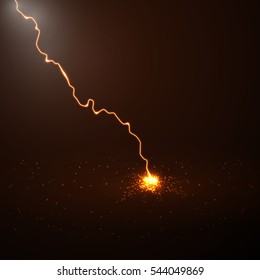 Vector abstract illustration. Lightning strikes on a dark background with a lot of sparks. The power of the elements