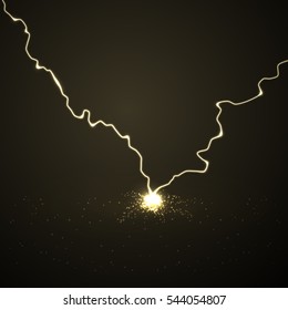 Vector abstract illustration. Lightning strikes on a dark background with a lot of sparks. The power of the elements