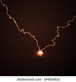 Vector abstract illustration. Lightning strikes on a dark background with a lot of sparks. The power of the elements