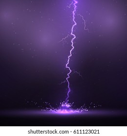 Vector abstract illustration. Lightning strikes on a dark background with a lot of sparks. The power of the elements. Storm force