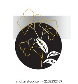 Vector abstract illustration. Linear hand drawn flower with gold gradient for floral logo, icon, label, postcard, poster