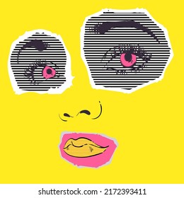 Vector abstract illustration with lips with lipstick in collage technique. Bright background in psychedelic style. Magazine clippings, pop-art. Trippy