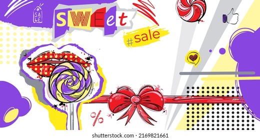 Vector abstract illustration with lips and lollipop in collage style. Bright background in psychedelic style. Sweet sale.Fashion illustration