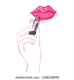 Vector abstract illustration with lipstick and lips. The girl paints her lips. Makeup.