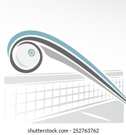 Vector abstract illustration of the logo for ball of table tennis, ping pong, consisting of flying over net along the trajectory exactly in goal table tennis, ping pong ball closeup 