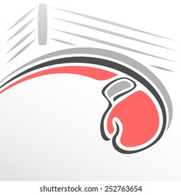 Vector abstract illustration for logo of boxing, consisting of red boxing glove on background of ring flying along the trajectory exactly in goal 