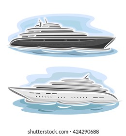 Vector Abstract Illustration Of Logo For Cruising Large Mega Yachts On Blue Background, Side View.