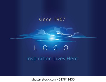 Vector abstract illustration logo template sunset or sunrise in clouds on background of the indigo color sea.