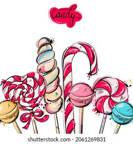 Vector abstract illustration of lollipops. Background with sweets for packaging design, banner, poster and other.