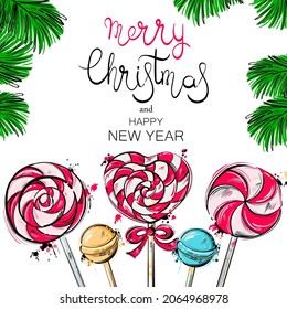 Vector abstract illustration of lollipops. Christmas background. Happy new year and christmas
