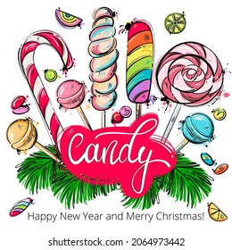 Vector abstract illustration of lollipops. Christmas background. Happy new year and merry christmas