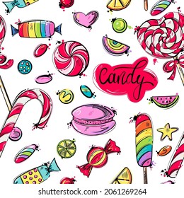 Vector abstract illustration of lollipops. Seamless pattern background with sweets for design of packaging, banner, poster and other.