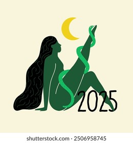 Ilustración abstracta de Vector con mujer de cabello negro largo, luna amarilla y serpiente de madera de árbol verde. Afiche de celebración de año nuevo 2025, Plantilla de tarjeta de felicitación, cartel de tipografía de decoración para el hogar.