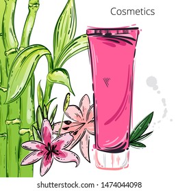 Vector abstract illustration with makeup products. Background with bamboo, lilies and cosmetics bottles.