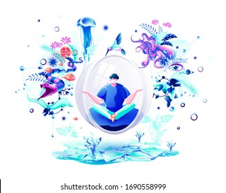 Vector abstract illustration man protective medical face mask health care phobia afraid danger virus protection fear quarantine isolation period surrealism prevent infection stay at home covid-19