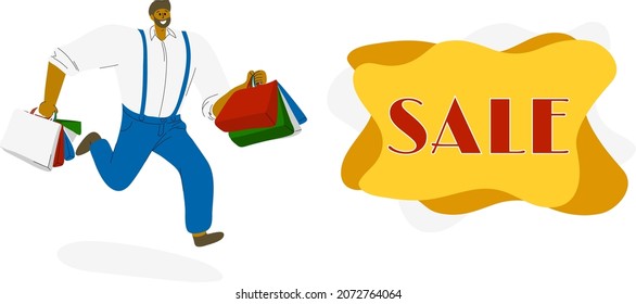 Vector abstract illustration of a man with purchases. Man running for sale