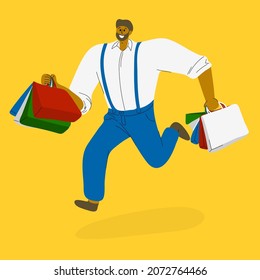 Vector abstract illustration of a man with purchases. Man running for sale on a yellow background