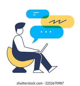 Vector abstract illustration of man in round armchair with laptop and speech bubble on white color background. Flat line art style design of business man for web, site, banner, poster, print