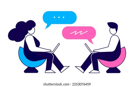 Vector abstract illustration of man and woman in round armchair with laptop and speech bubble on white color background. Flat line art style design of business people communication for web, banner
