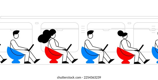 Vector abstract illustration of man and woman in round armchair with laptop on white color background. Flat line art style design of business people in transport for web, site, banner, poster, print