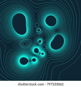 Vector abstract illustration with many cyan isolines and circular oval shapes. Topographic abstract bold and dotted lines on dark blue background.