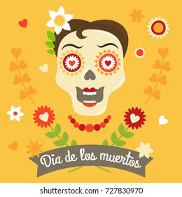 Vector abstract illustration of a Mexican sugar woman's skull Catrina with hear and beads. Dia de los muertos poster. Day of the dead