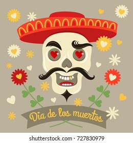 Vector abstract illustration of a Mexican sugar skull with mustache in hat. Dia de los muertos poster. Day of the dead