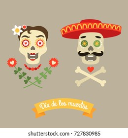 Vector abstract illustration of a Mexican sugar skulls. Man's skull with mustache in hat and Catrina — woman's skull with beads. Dia de los muertos poster. Day of the dead