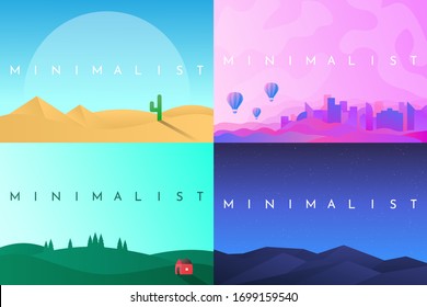 Vector abstract illustration. Minimalist landscapes set. Flat design. Futuristic color. Desert with pyramids, city and air balloons, alone house near woods, night scene in wilderness. Website template