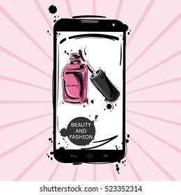 Vector abstract illustration of a mobile phone and the nail polish. Fashion banner for your design.