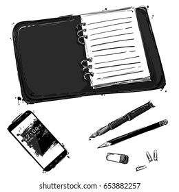 Vector abstract illustration with mobile phone, notebook, staple, pen, pencil and paper clips. Business background. Office table. Isolated.