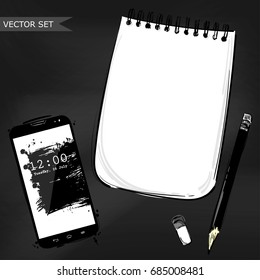 Vector abstract illustration with mobile phone, notebook, stick and pencil. Business background.