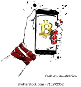 Vector abstract illustration with mobile phone in hand. Bitcoin