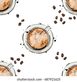 Vector abstract illustration with a mug of coffee and coffee beans. Seamless pattern for the design of fabric, wallpaper, background and other.