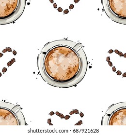 Vector abstract illustration with a mug of coffee and coffee beans. Seamless pattern for the design of fabric, wallpaper, background and other.