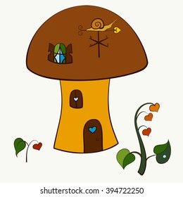 Vector abstract illustration of multicolored decorative cartoon fairytale hand-drawn mushroom house. Isolated on white background. Eps 8.