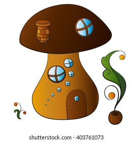 Vector abstract illustration of multicolored decorative cartoon fairytale hand-drawn mushroom house. Isolated on white background. Eps 8.