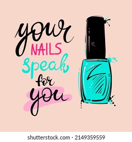 Ilustración vectorial abstracta con esmalte de uñas y letras. Manicura. Salón de belleza