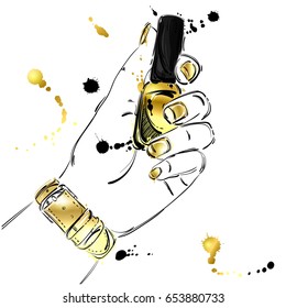 Vector abstract illustration of nail polish in a female hand. Beauty and fashion. Manicure. Beauty salon. Glamorous fashion illustration. Gold style.